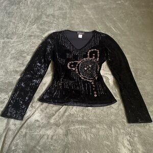 Black velvet long sleeve top with sequin and beaded details